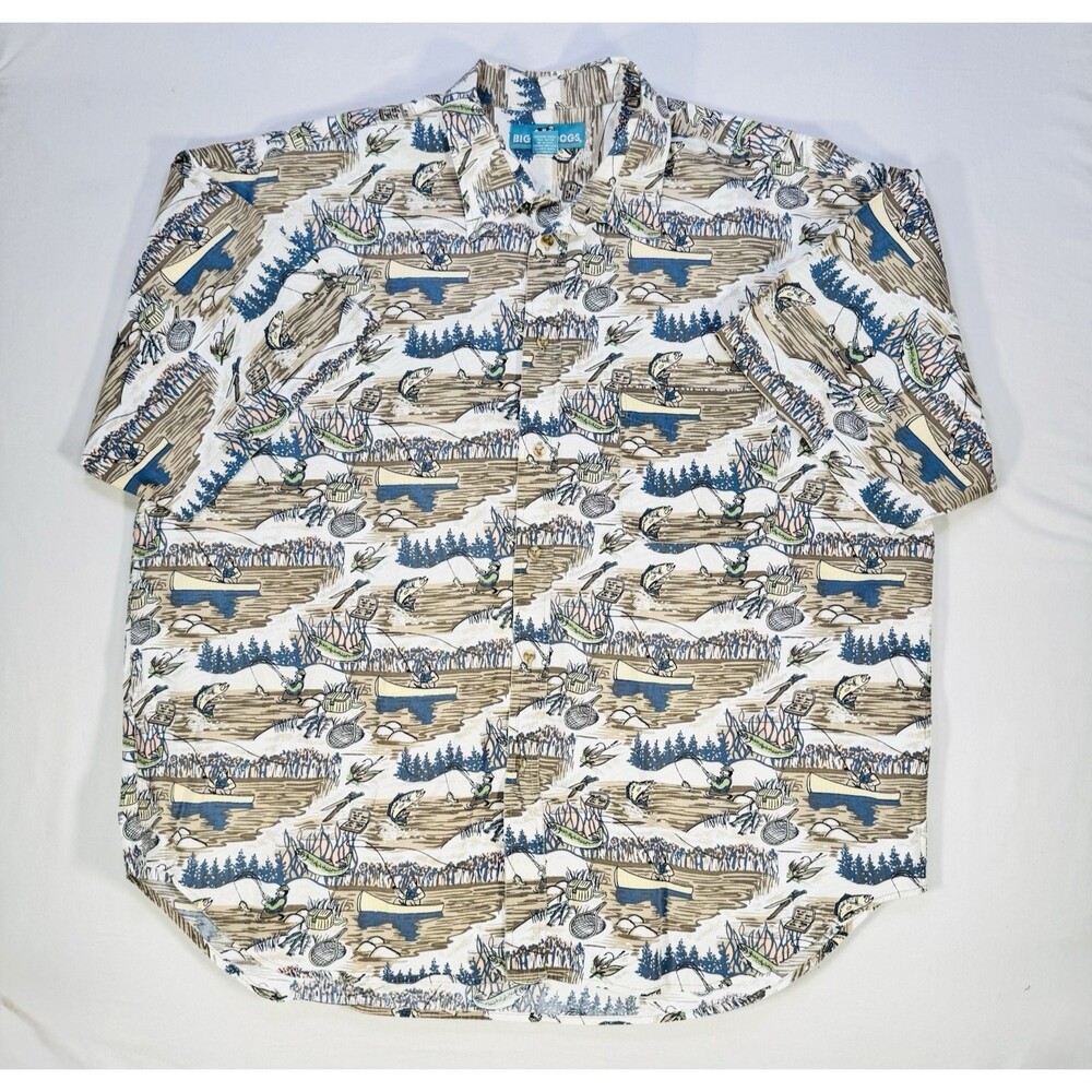 Big Dogs Men’s 3X Fishing Print Button-Up Shirt Outdoor Angler Graphic Tee